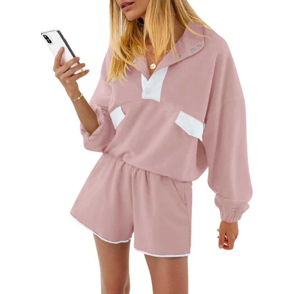 image:imageFisoew Womens 2 Piece Sets Sweatsuits Casual Half Button Color Block Sweatshirts Running Shorts Tracksuits Fall Outfits