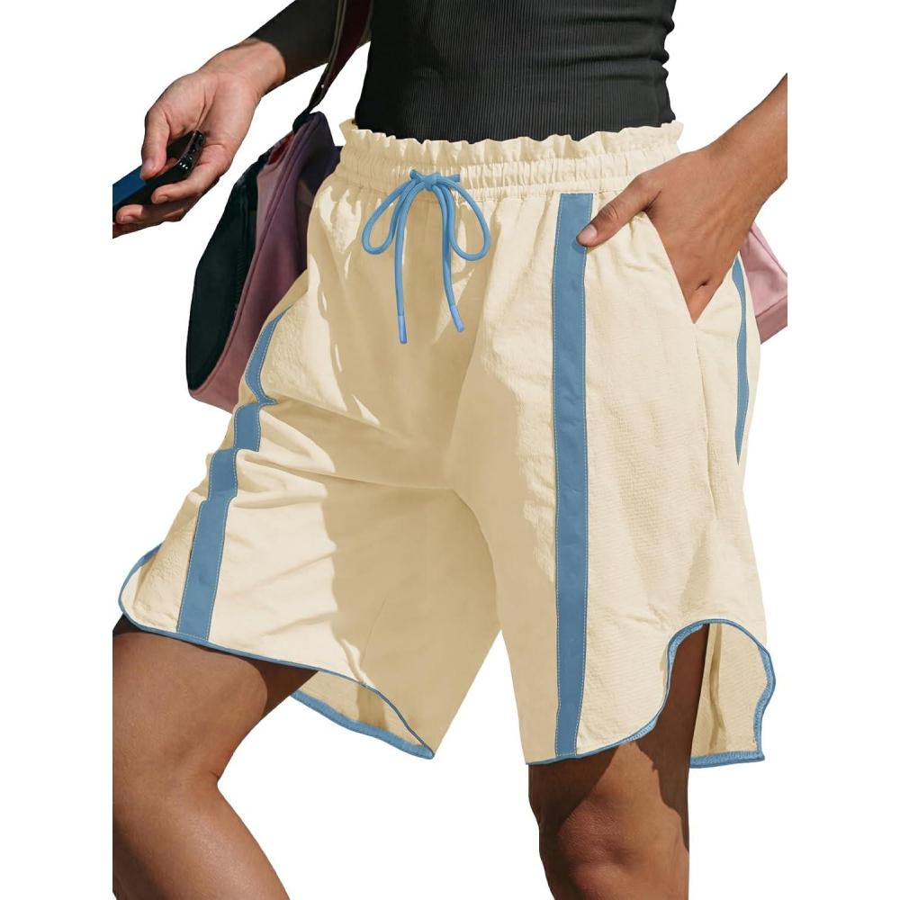 image:imageFisoew Womens Baggy Cargo Shorts Casual Wide Leg Knee Length Drawstring Elastic Waist Workout Running Athletic Yoga ShortsBeige