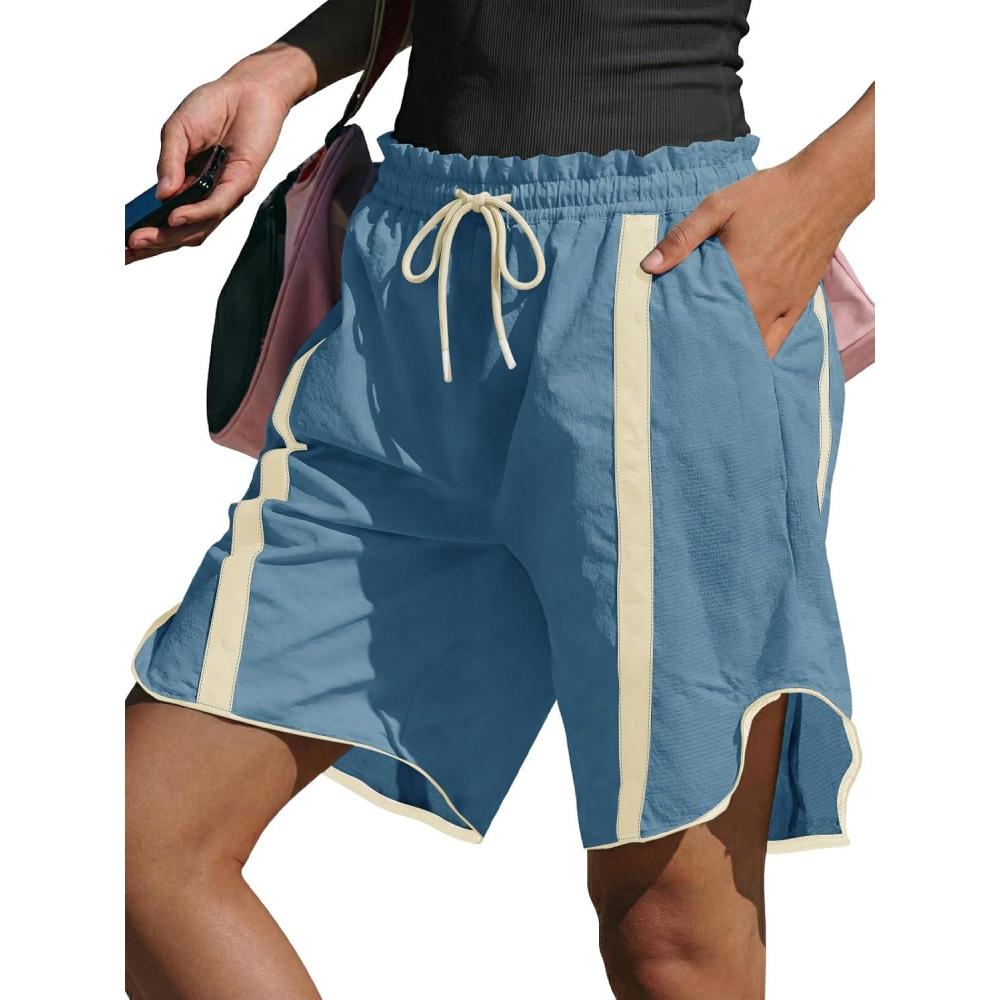 image:imageFisoew Womens Baggy Cargo Shorts Casual Wide Leg Knee Length Drawstring Elastic Waist Workout Running Athletic Yoga ShortsBlue
