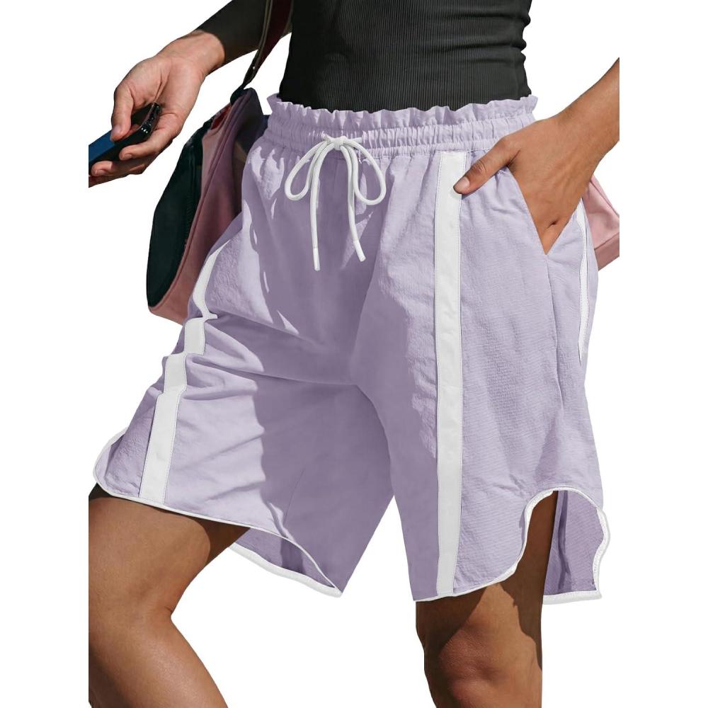 image:imageFisoew Womens Baggy Cargo Shorts Casual Wide Leg Knee Length Drawstring Elastic Waist Workout Running Athletic Yoga ShortsViolet