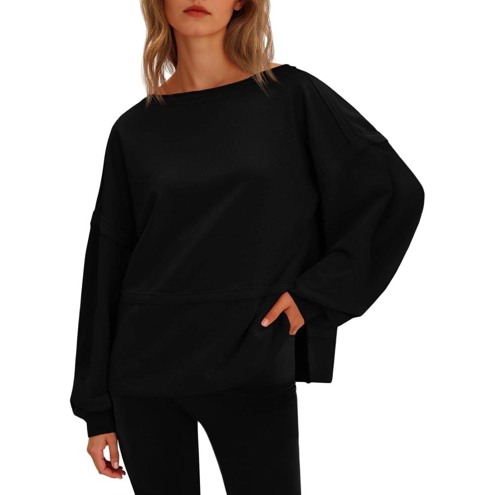 image:imageFisoew Womens Casual Crewneck Sweatshirts Lantern Long Sleeve Side Slit Loose Sweatshirt Fall Crop Pullover TopsBlack