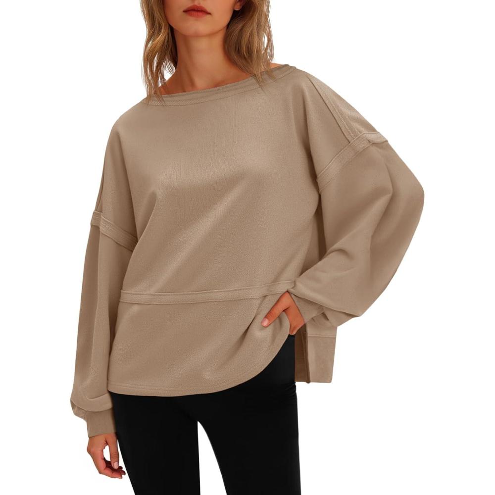 image:imageFisoew Womens Casual Crewneck Sweatshirts Lantern Long Sleeve Side Slit Loose Sweatshirt Fall Crop Pullover TopsKhaki