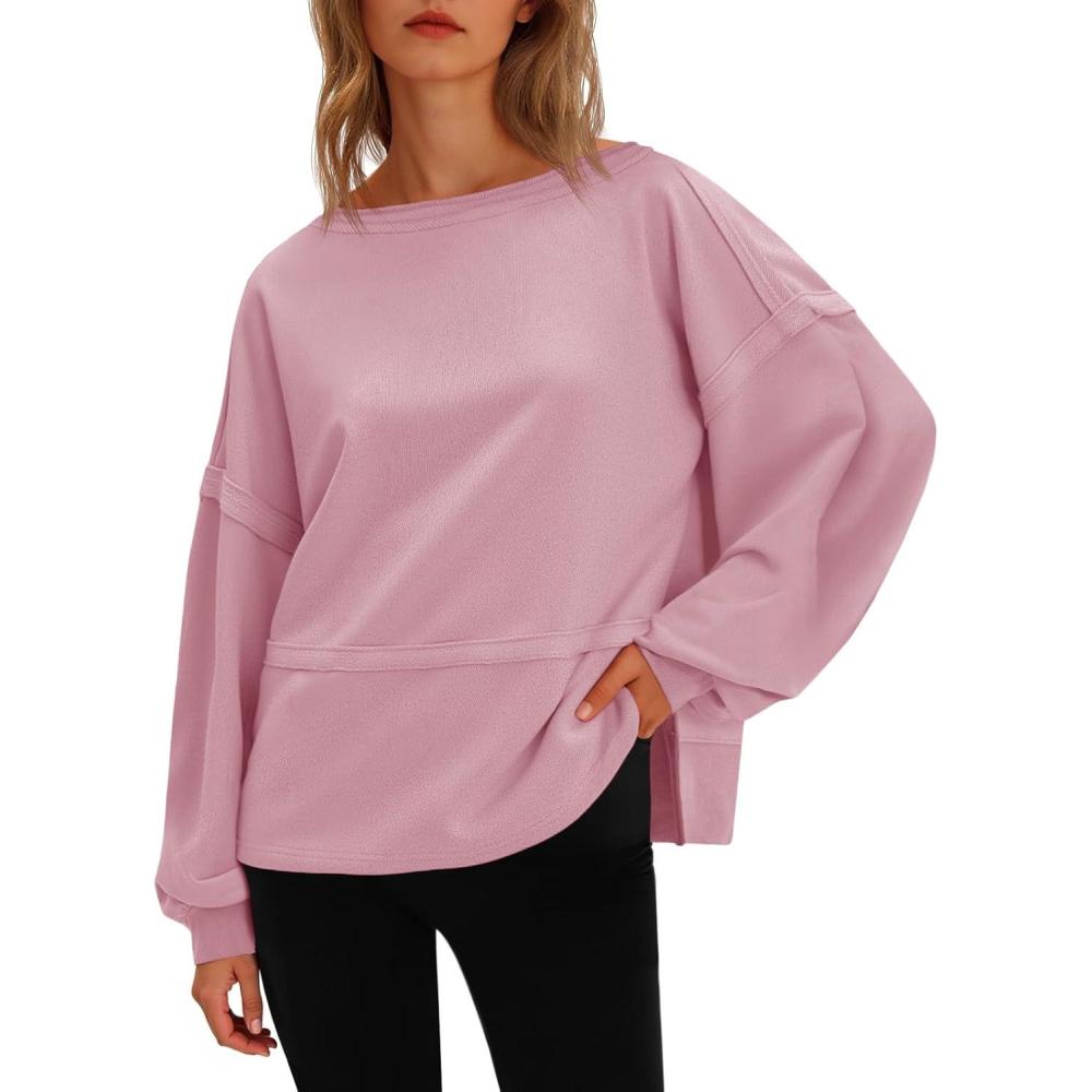 image:imageFisoew Womens Casual Crewneck Sweatshirts Lantern Long Sleeve Side Slit Loose Sweatshirt Fall Crop Pullover TopsPink
