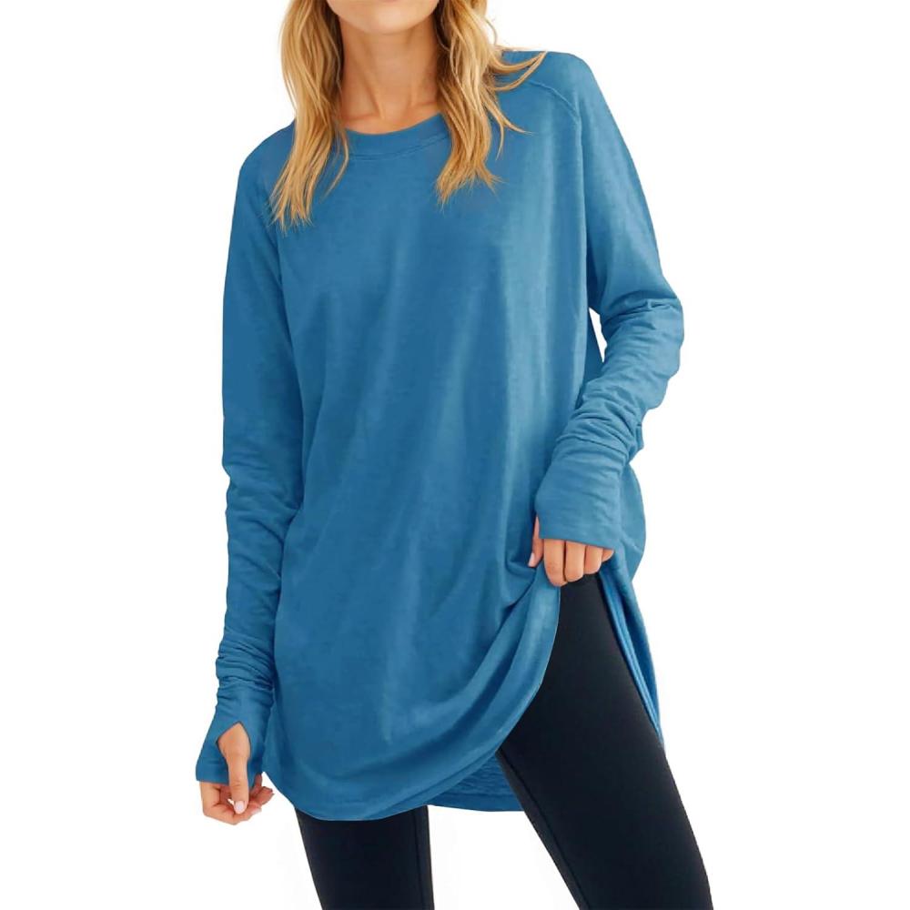 image:imageFisoew Womens Casual Long Sleeve Tops Crew Neck Round Hem Loose TShirts Tunic Tops with Thumb HolesBlue