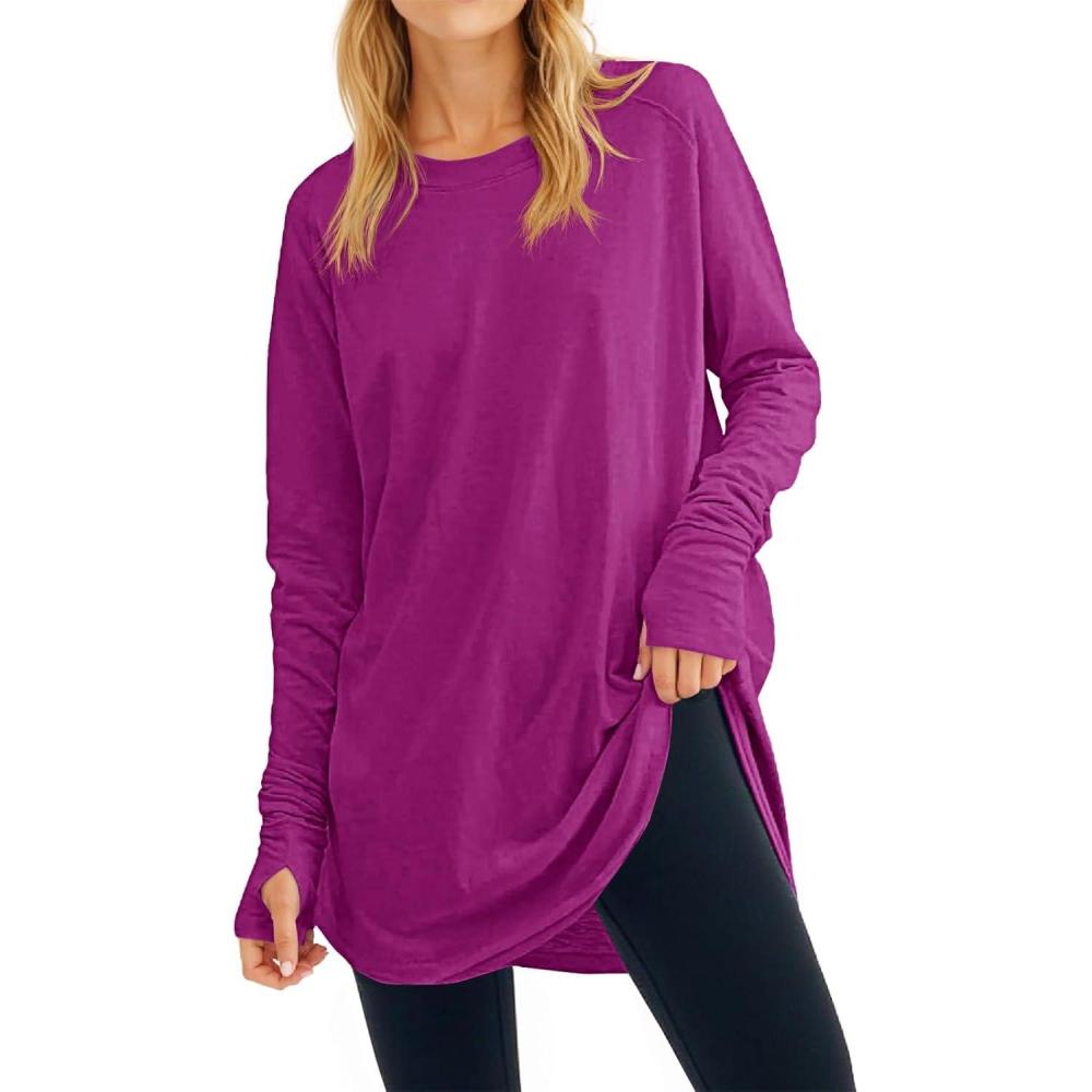 image:imageFisoew Womens Casual Long Sleeve Tops Crew Neck Round Hem Loose TShirts Tunic Tops with Thumb HolesDark Purple
