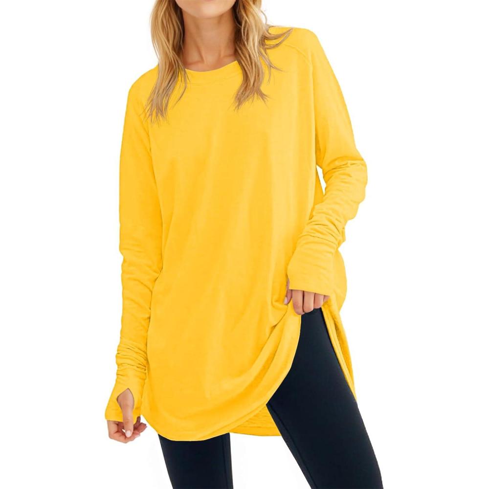 image:imageFisoew Womens Casual Long Sleeve Tops Crew Neck Round Hem Loose TShirts Tunic Tops with Thumb HolesFluorescent Yellow