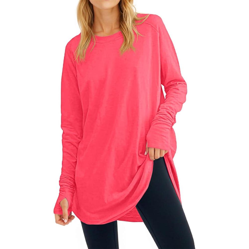 image:imageFisoew Womens Casual Long Sleeve Tops Crew Neck Round Hem Loose TShirts Tunic Tops with Thumb HolesHot Pink