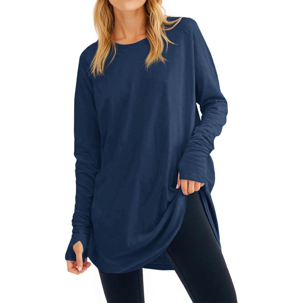 image:imageFisoew Womens Casual Long Sleeve Tops Crew Neck Round Hem Loose TShirts Tunic Tops with Thumb HolesLake Blue
