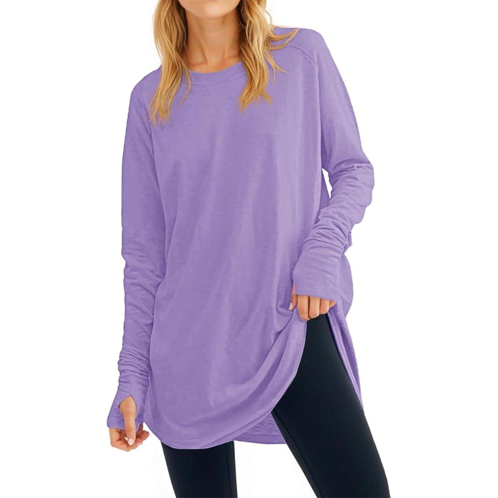 image:imageFisoew Womens Casual Long Sleeve Tops Crew Neck Round Hem Loose TShirts Tunic Tops with Thumb HolesLight Purple