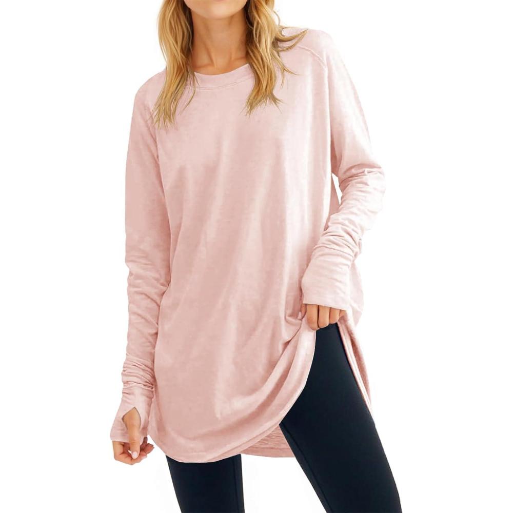 image:imageFisoew Womens Casual Long Sleeve Tops Crew Neck Round Hem Loose TShirts Tunic Tops with Thumb HolesPink