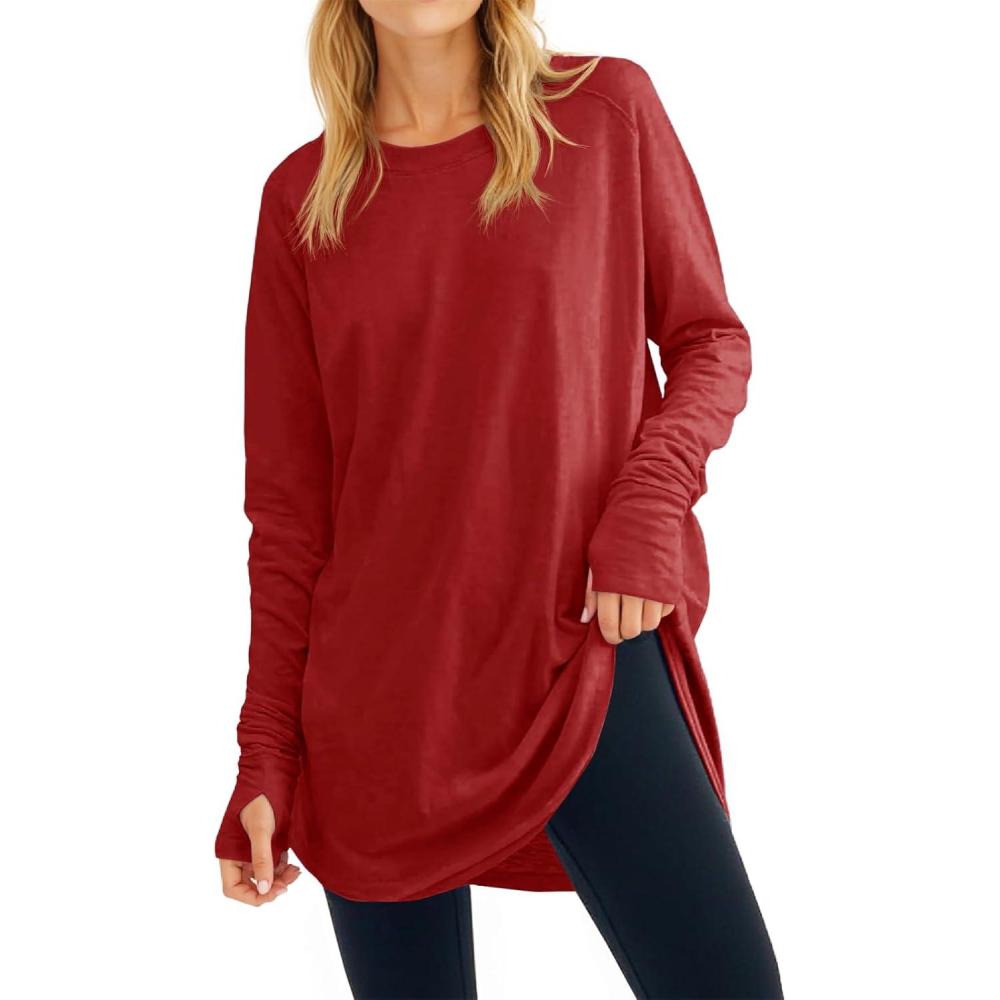 image:imageFisoew Womens Casual Long Sleeve Tops Crew Neck Round Hem Loose TShirts Tunic Tops with Thumb HolesRed