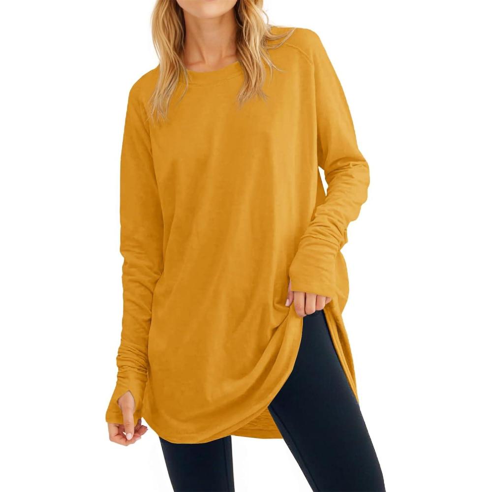 image:imageFisoew Womens Casual Long Sleeve Tops Crew Neck Round Hem Loose TShirts Tunic Tops with Thumb HolesYellow