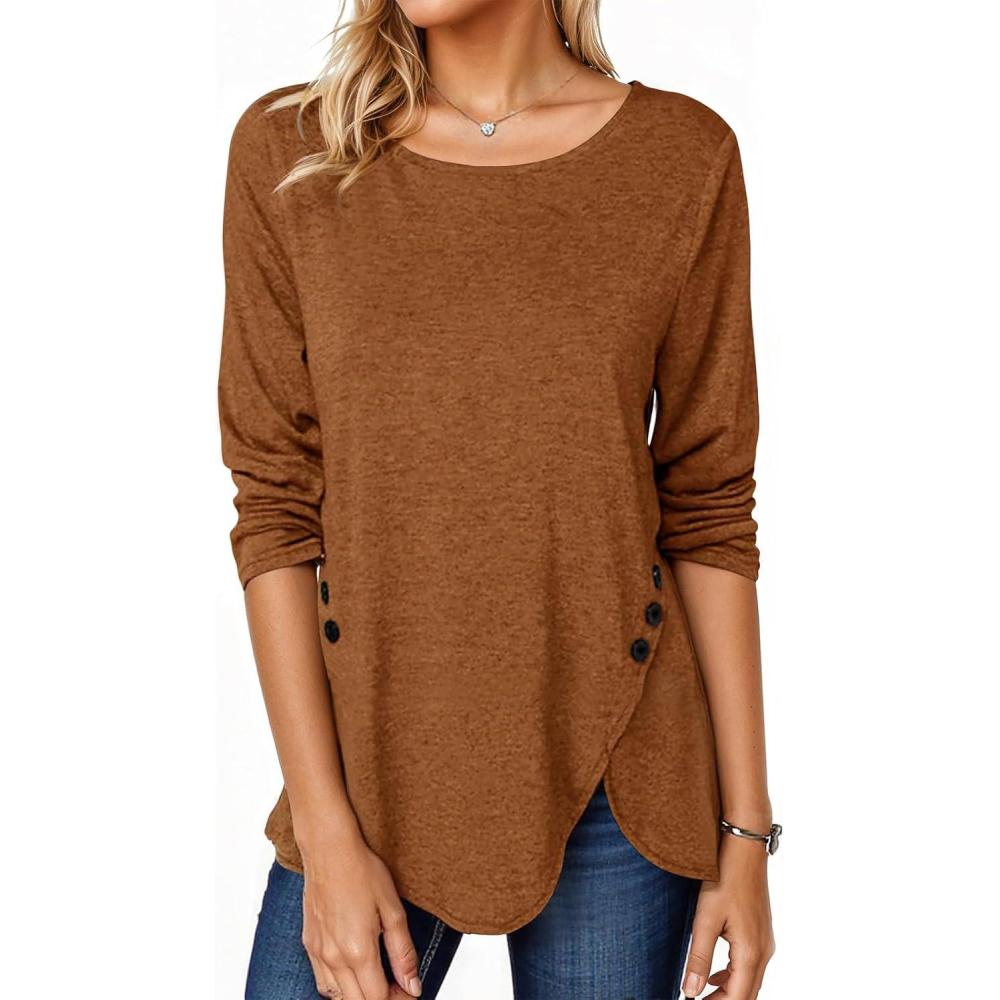 image:imageFisoew Womens Casual Long Sleeve Tunic Tops Round Neck Shirt Button Side Basic Tees Wearring with LeggingsBrown