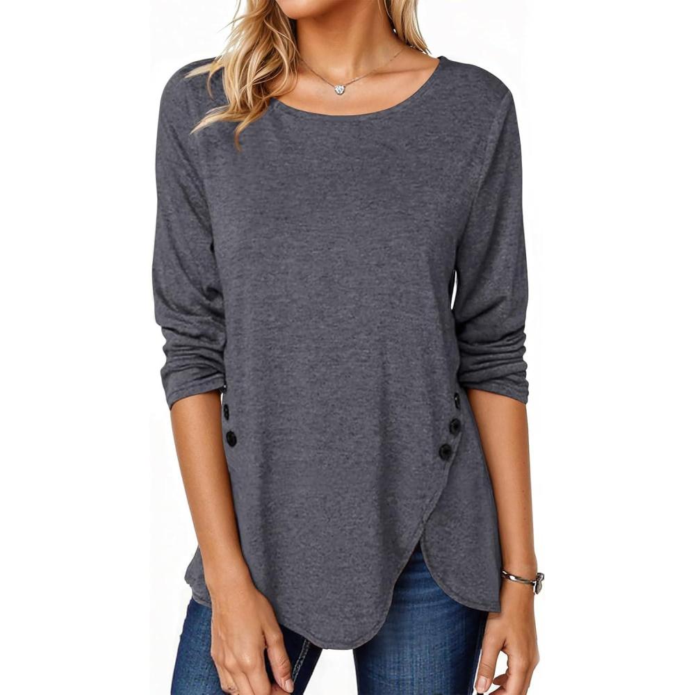 image:imageFisoew Womens Casual Long Sleeve Tunic Tops Round Neck Shirt Button Side Basic Tees Wearring with LeggingsDark Gray