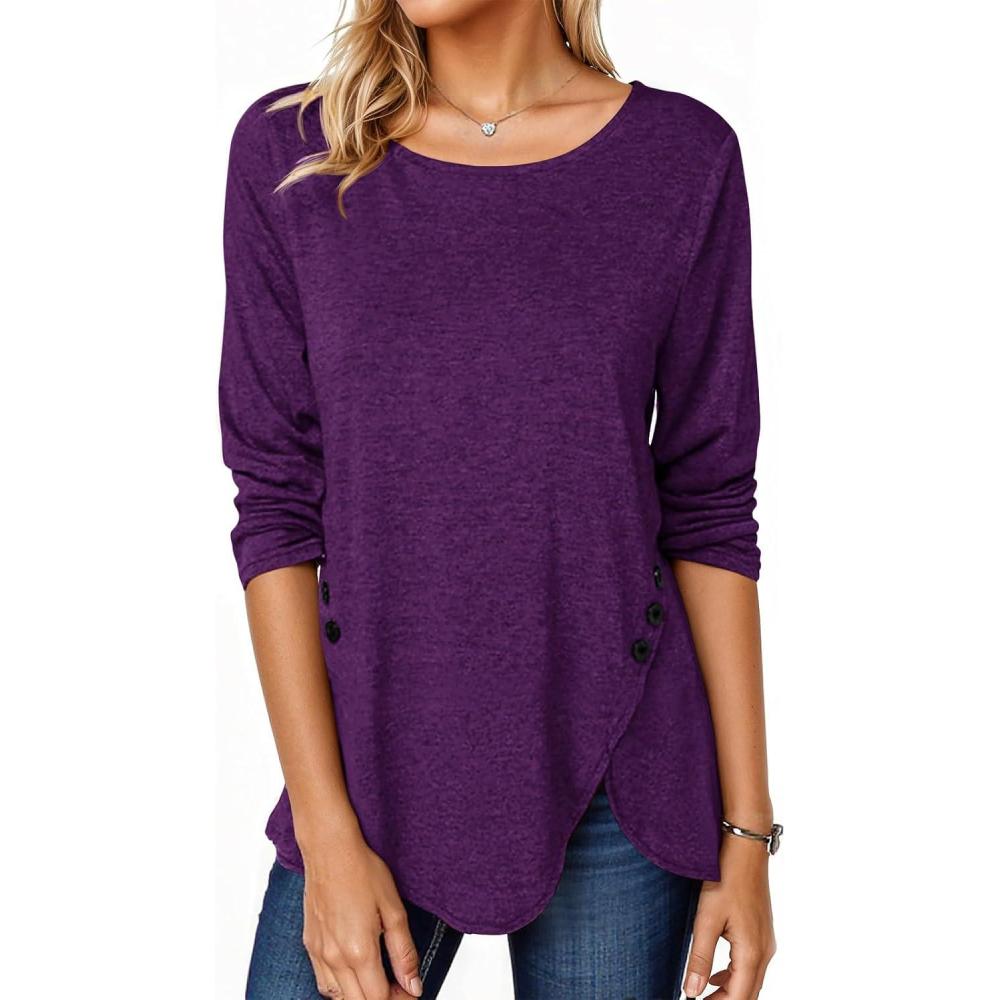 image:imageFisoew Womens Casual Long Sleeve Tunic Tops Round Neck Shirt Button Side Basic Tees Wearring with LeggingsDark Purple