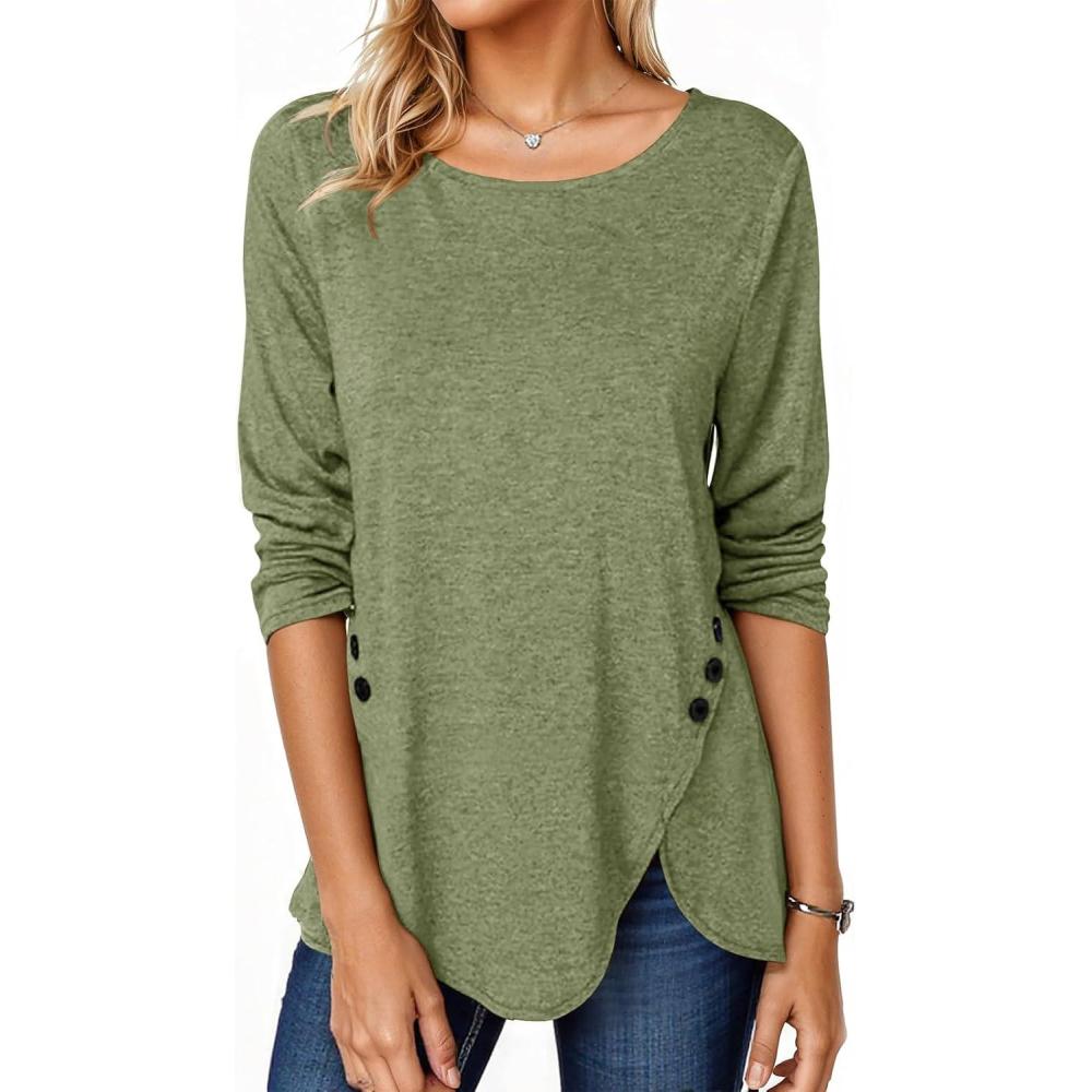 image:imageFisoew Womens Casual Long Sleeve Tunic Tops Round Neck Shirt Button Side Basic Tees Wearring with LeggingsGreen