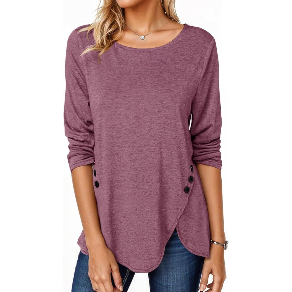 image:imageFisoew Womens Casual Long Sleeve Tunic Tops Round Neck Shirt Button Side Basic Tees Wearring with LeggingsPurple
