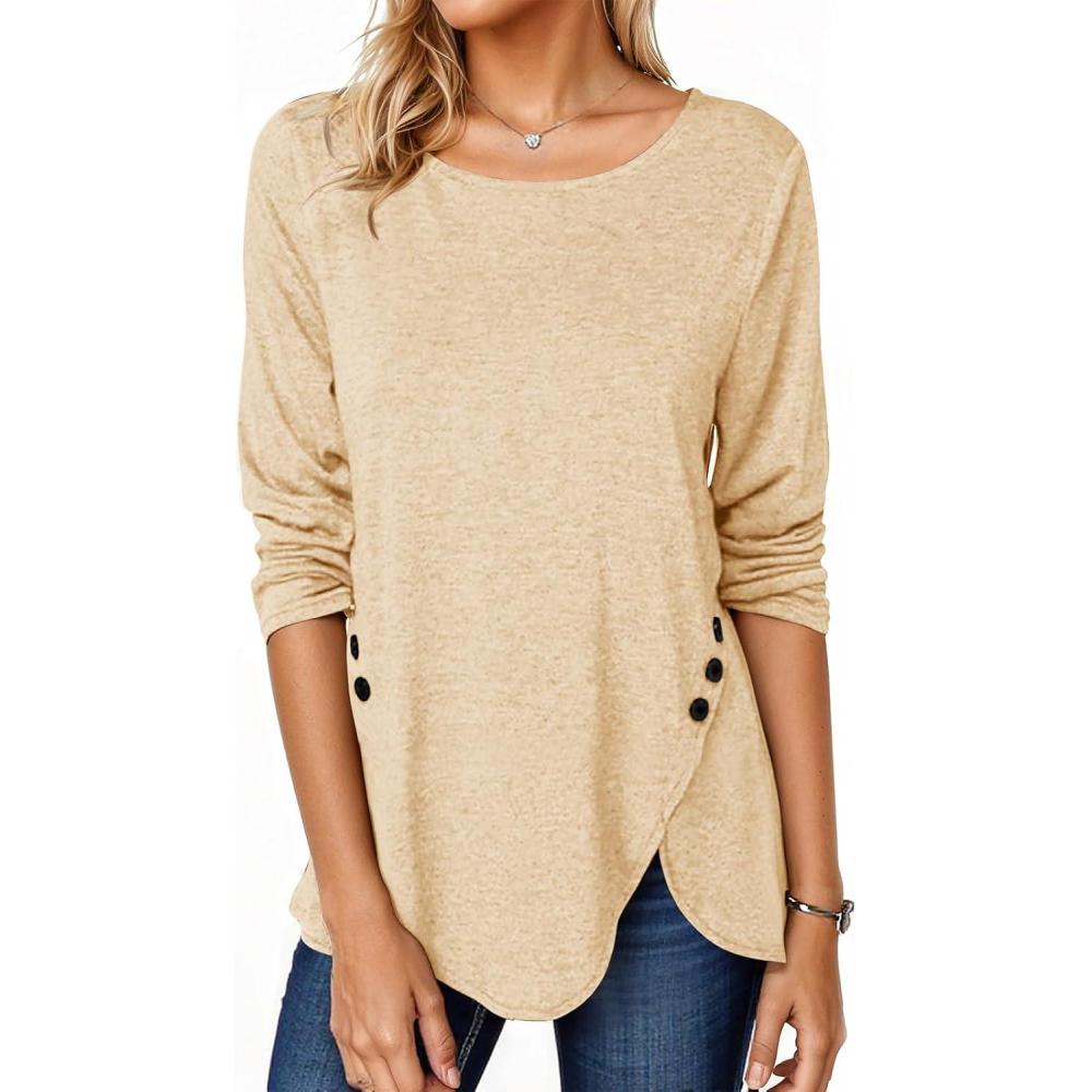 image:imageFisoew Womens Casual Long Sleeve Tunic Tops Round Neck Shirt Button Side Basic Tees Wearring with LeggingsWbeige