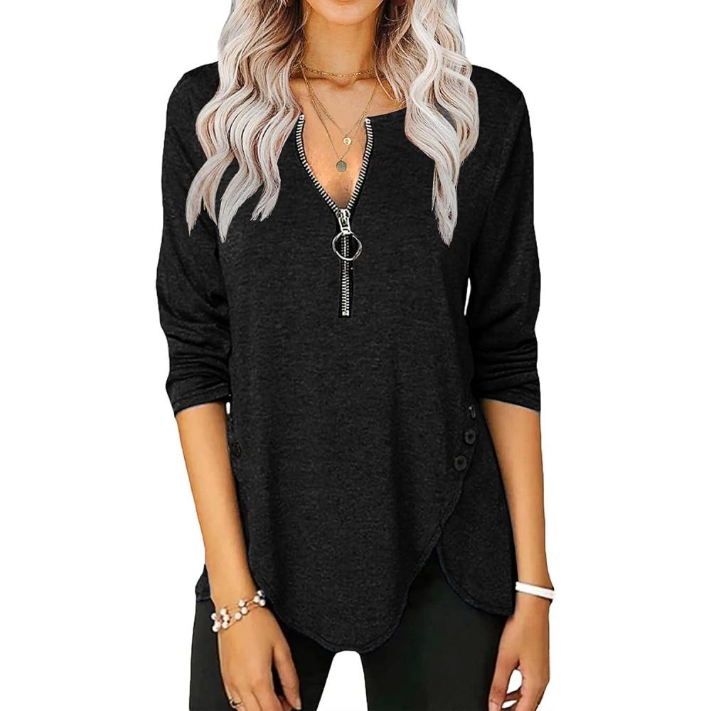 image:imageFisoew Womens Casual Long Sleeve Tunic Tops Round Neck Shirt Button Side Basic Tees Wearring with LeggingsXblack