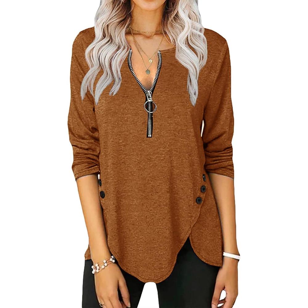 image:imageFisoew Womens Casual Long Sleeve Tunic Tops Round Neck Shirt Button Side Basic Tees Wearring with LeggingsXbrown