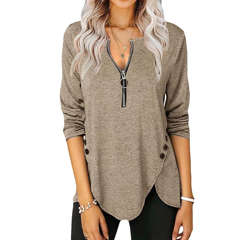 image:imageFisoew Womens Casual Long Sleeve Tunic Tops Round Neck Shirt Button Side Basic Tees Wearring with LeggingsXcoffee