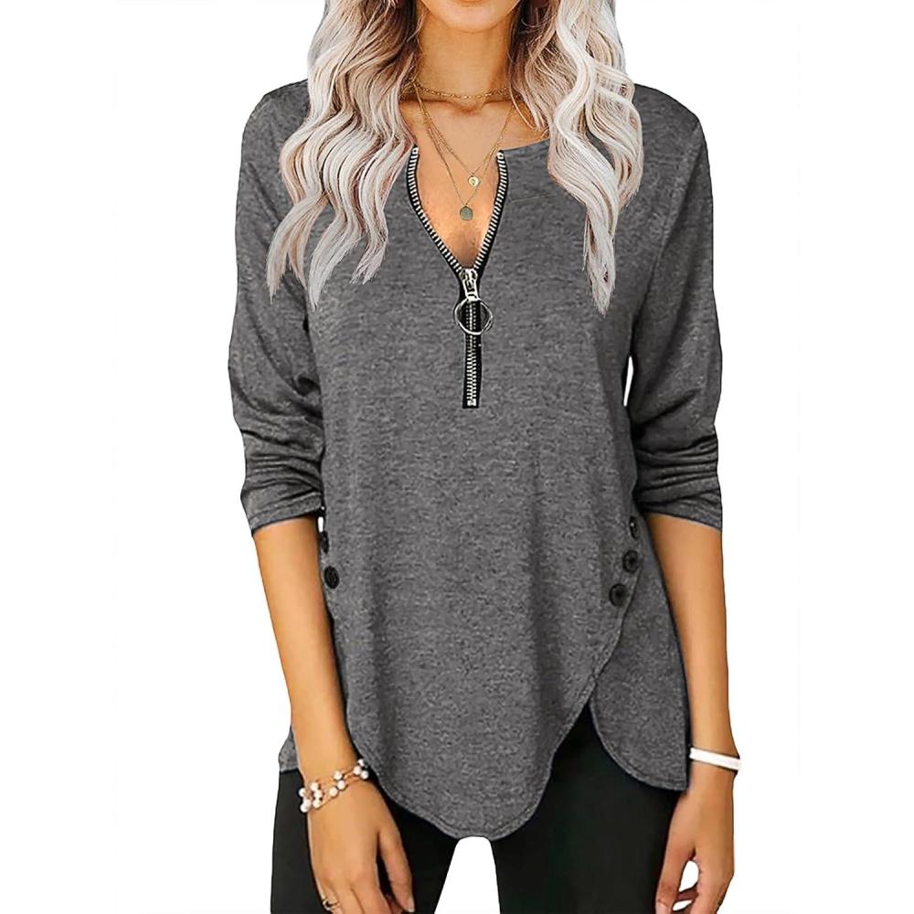 image:imageFisoew Womens Casual Long Sleeve Tunic Tops Round Neck Shirt Button Side Basic Tees Wearring with LeggingsXdark Gray