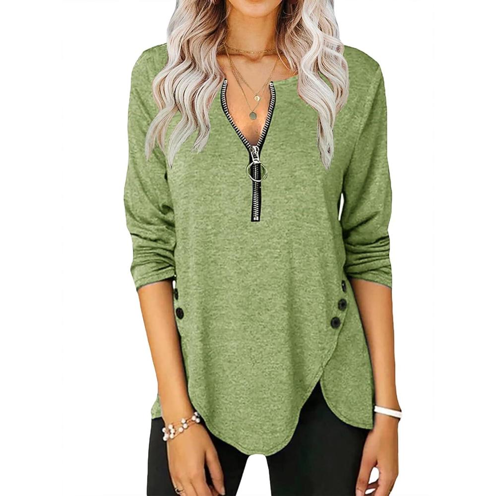 image:imageFisoew Womens Casual Long Sleeve Tunic Tops Round Neck Shirt Button Side Basic Tees Wearring with LeggingsXgreen
