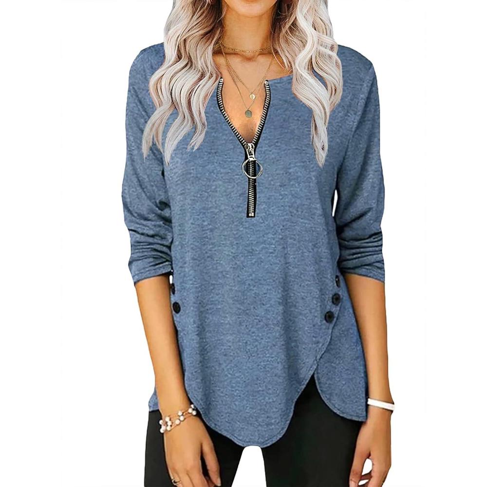 image:imageFisoew Womens Casual Long Sleeve Tunic Tops Round Neck Shirt Button Side Basic Tees Wearring with LeggingsXnavy Blue