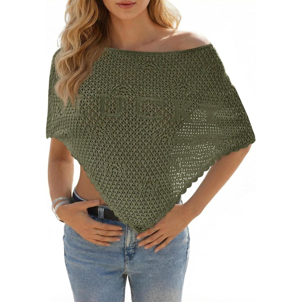 image:imageFisoew Womens Crochet Cover Up Summer Sheer Ponchos Shawl Boho Beach Vacation Off The Shoulder Knit Tops Swimsuit CoverupsArmy Green