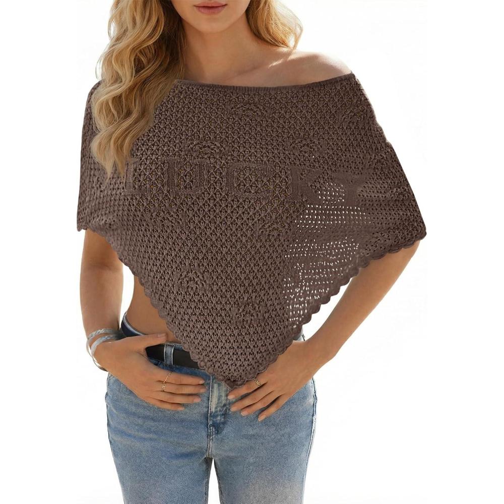 image:imageFisoew Womens Crochet Cover Up Summer Sheer Ponchos Shawl Boho Beach Vacation Off The Shoulder Knit Tops Swimsuit CoverupsCoffee