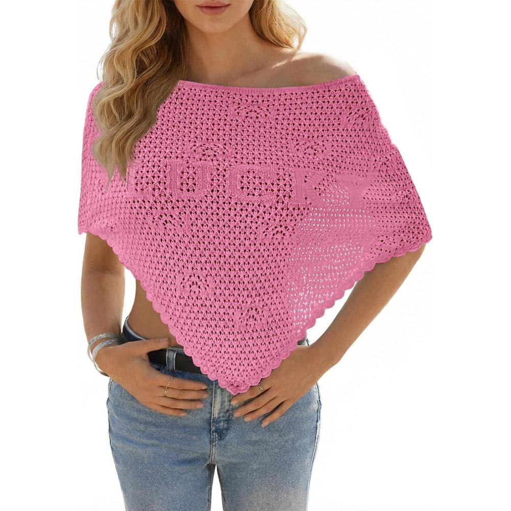 image:imageFisoew Womens Crochet Cover Up Summer Sheer Ponchos Shawl Boho Beach Vacation Off The Shoulder Knit Tops Swimsuit CoverupsPink