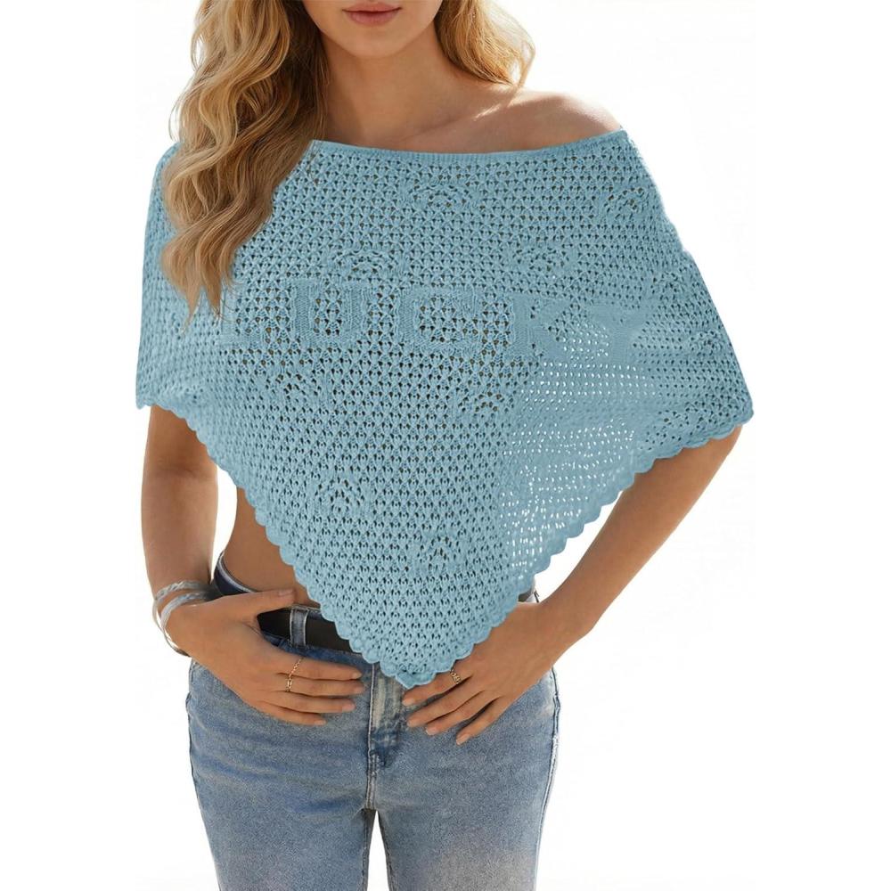 image:imageFisoew Womens Crochet Cover Up Summer Sheer Ponchos Shawl Boho Beach Vacation Off The Shoulder Knit Tops Swimsuit CoverupsSky Blue