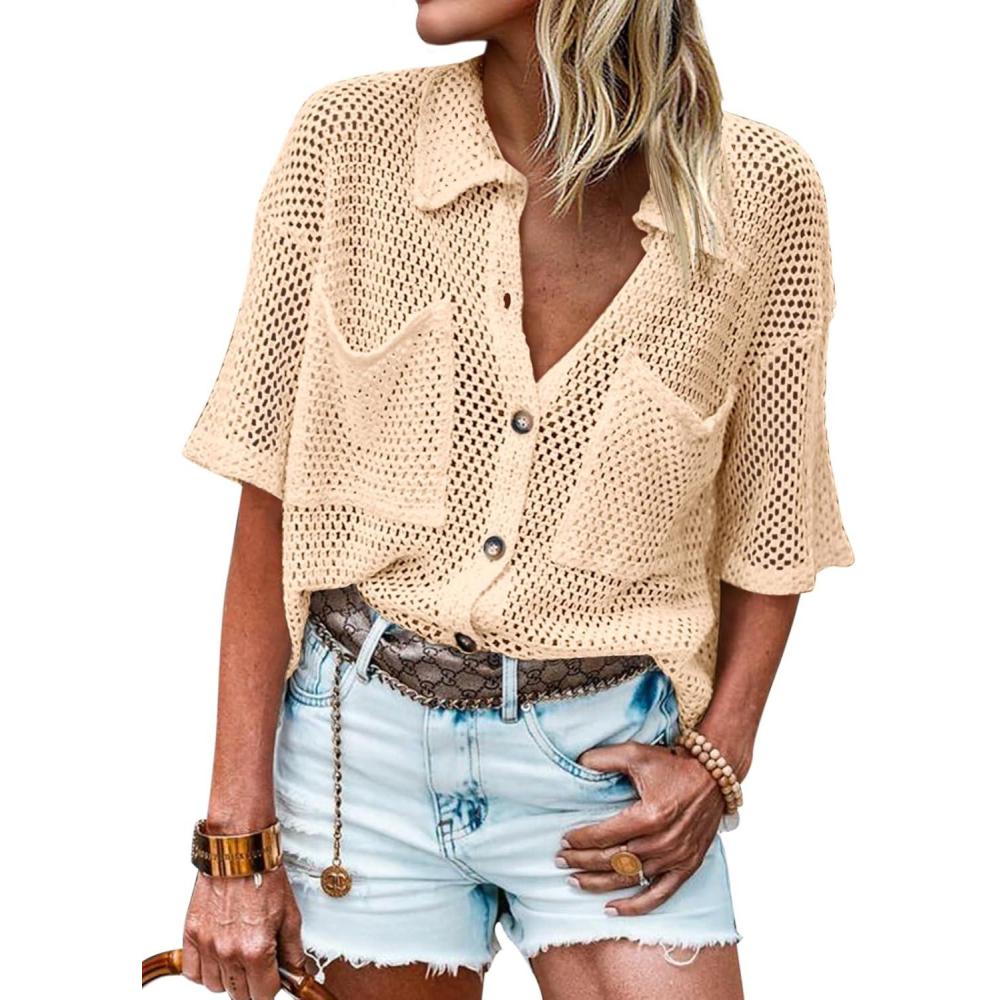 image:imageFisoew Womens Crochet Lightweight Cardigan Sweaters Short Sleeve Summer Button Down Collared Loose Cover Up ShirtsApricot