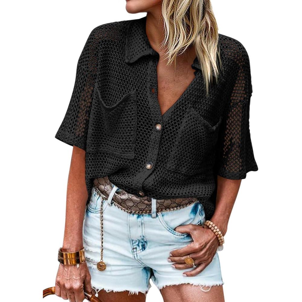 image:imageFisoew Womens Crochet Lightweight Cardigan Sweaters Short Sleeve Summer Button Down Collared Loose Cover Up ShirtsBlack