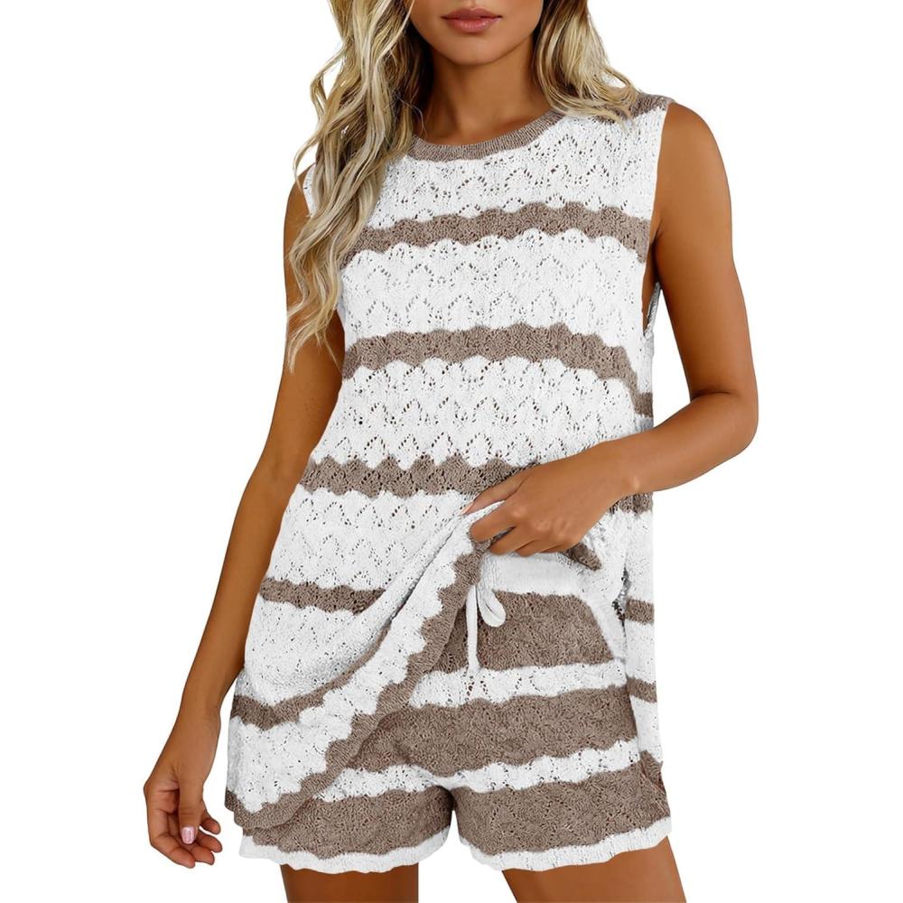 image:imageFisoew Womens Crochet Swimsuit Coverup Sets Sleeveless Tank Tops Drawstring Shorts Sets Summer Beach Vacation OutfitBrown