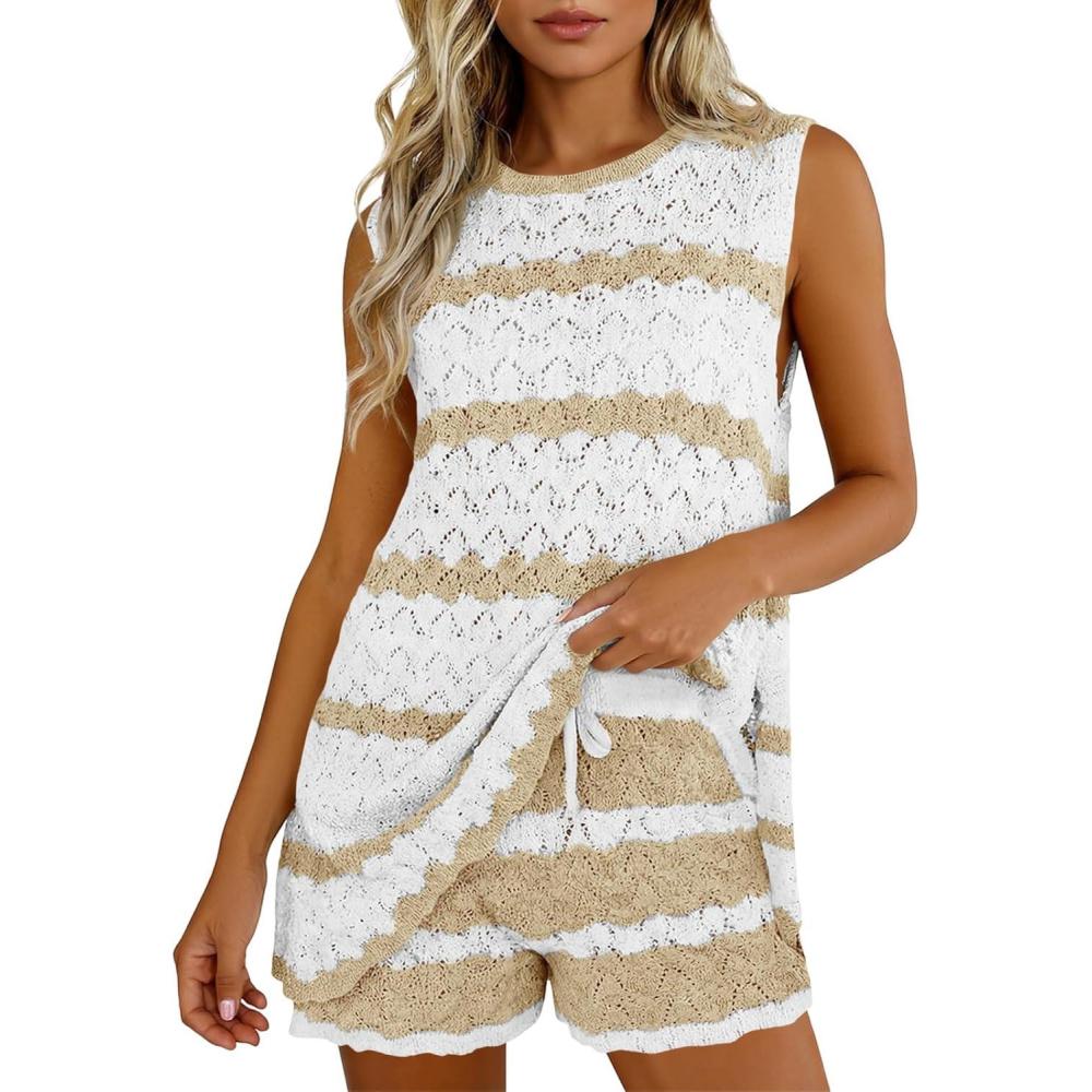 image:imageFisoew Womens Crochet Swimsuit Coverup Sets Sleeveless Tank Tops Drawstring Shorts Sets Summer Beach Vacation OutfitKhaki