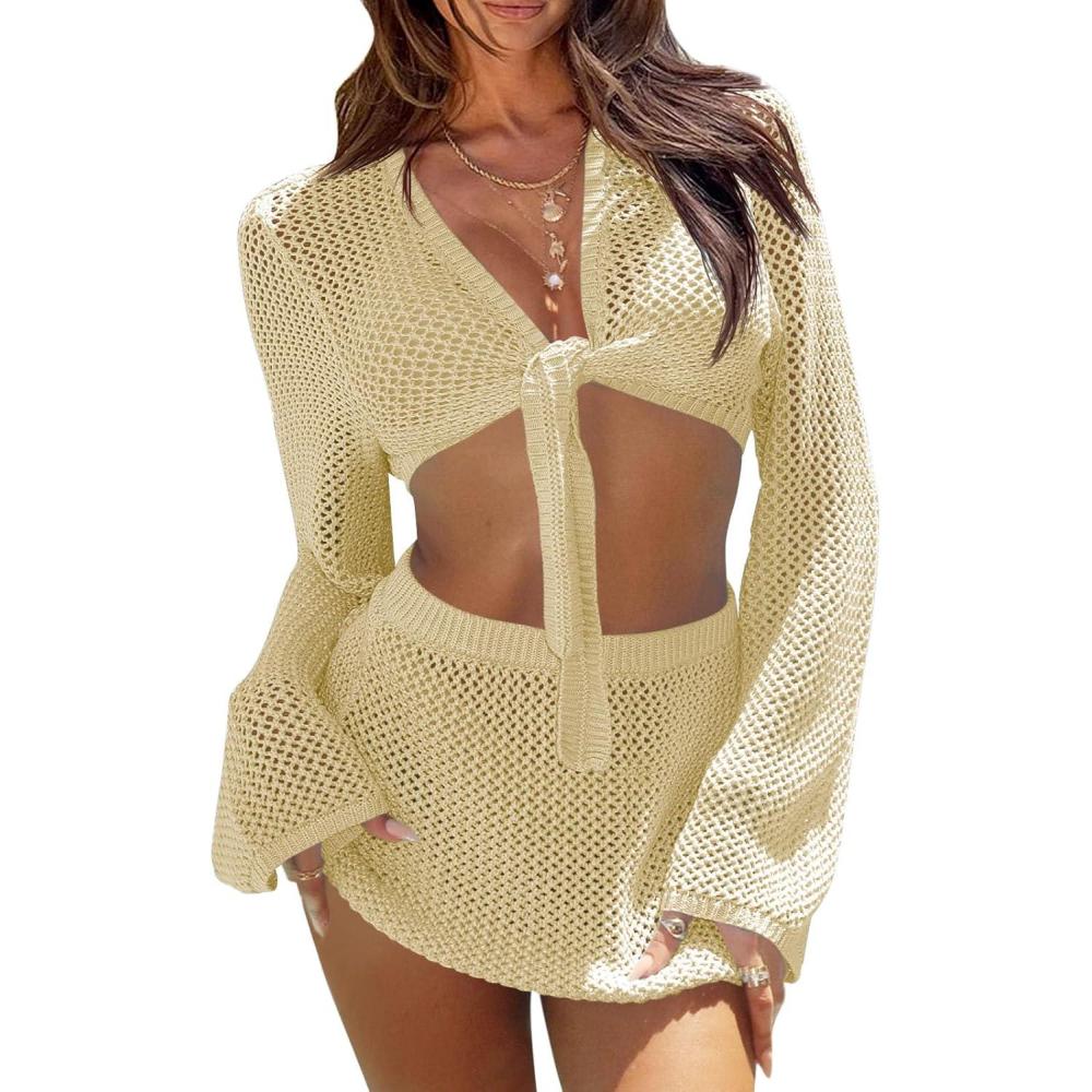 image:imageFisoew Womens Crochet Swimsuit Coverups 2 Piece Bathing Suit Cover Up Long Sleeve Tie Front Crop Top Mini Skirt SetsBeige