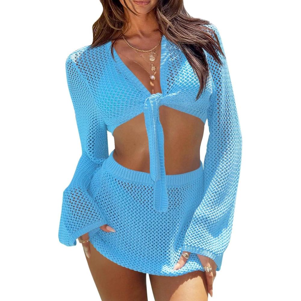 image:imageFisoew Womens Crochet Swimsuit Coverups 2 Piece Bathing Suit Cover Up Long Sleeve Tie Front Crop Top Mini Skirt SetsBlue