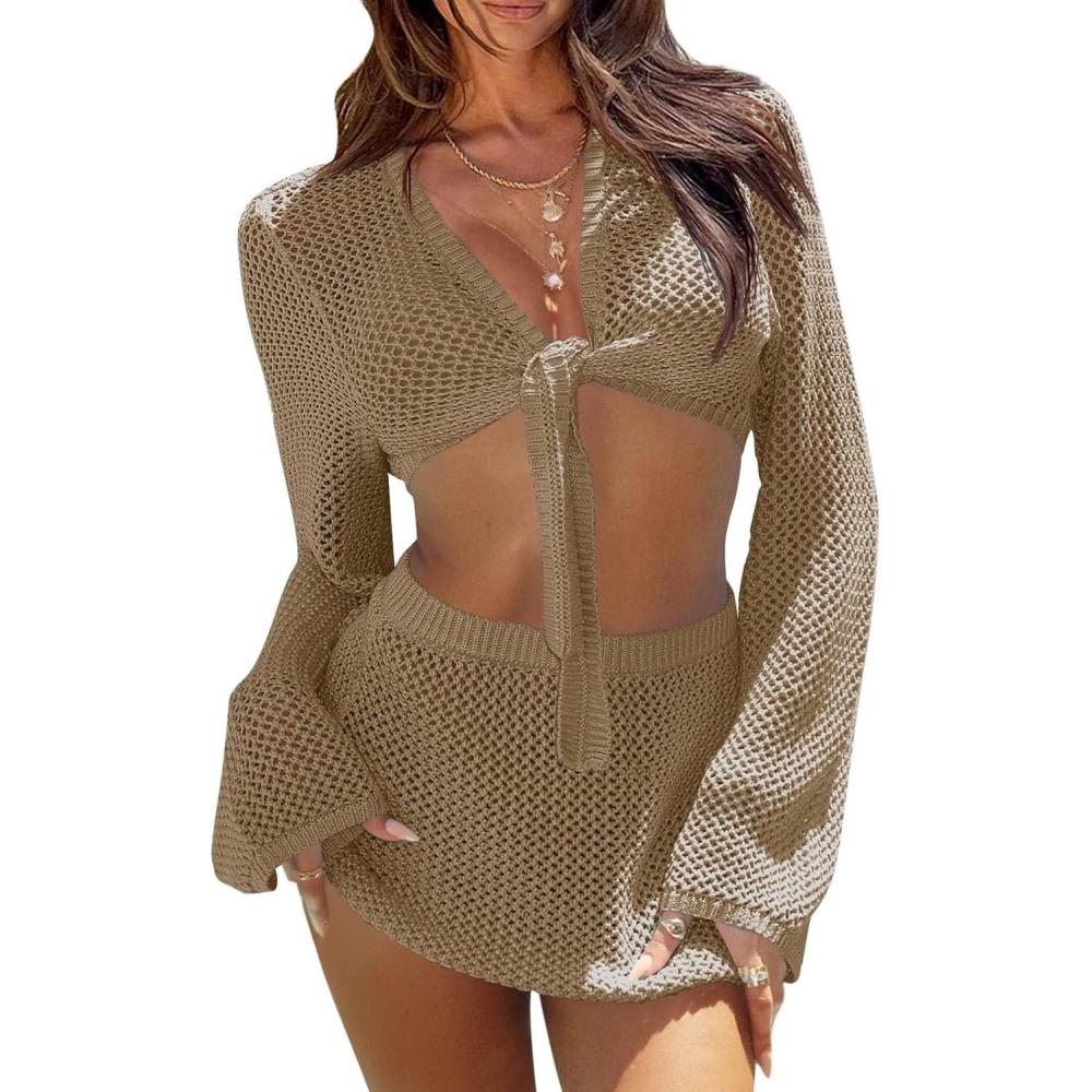 image:imageFisoew Womens Crochet Swimsuit Coverups 2 Piece Bathing Suit Cover Up Long Sleeve Tie Front Crop Top Mini Skirt SetsKhaki