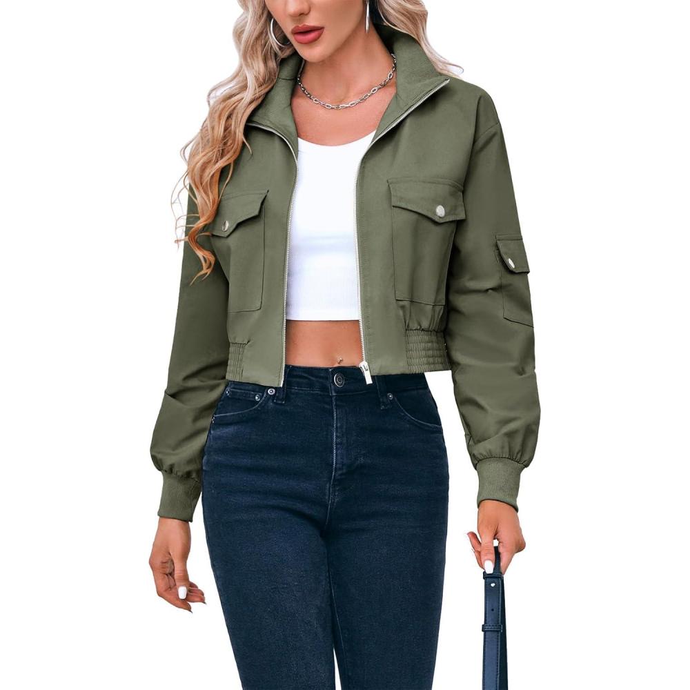 image:imageFisoew Womens Cropped Bomber Jackets Lightweight Zip Up Stand Collar Long Sleeve Short Jacket with PocketsArmy Green
