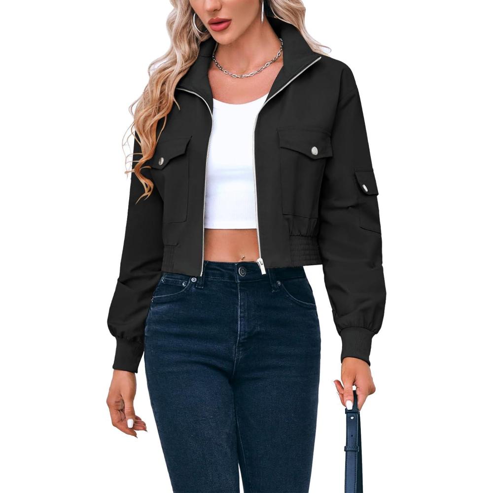image:imageFisoew Womens Cropped Bomber Jackets Lightweight Zip Up Stand Collar Long Sleeve Short Jacket with PocketsBlack