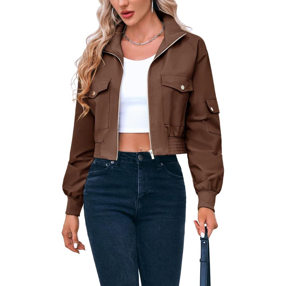 image:imageFisoew Womens Cropped Bomber Jackets Lightweight Zip Up Stand Collar Long Sleeve Short Jacket with PocketsDark Brown