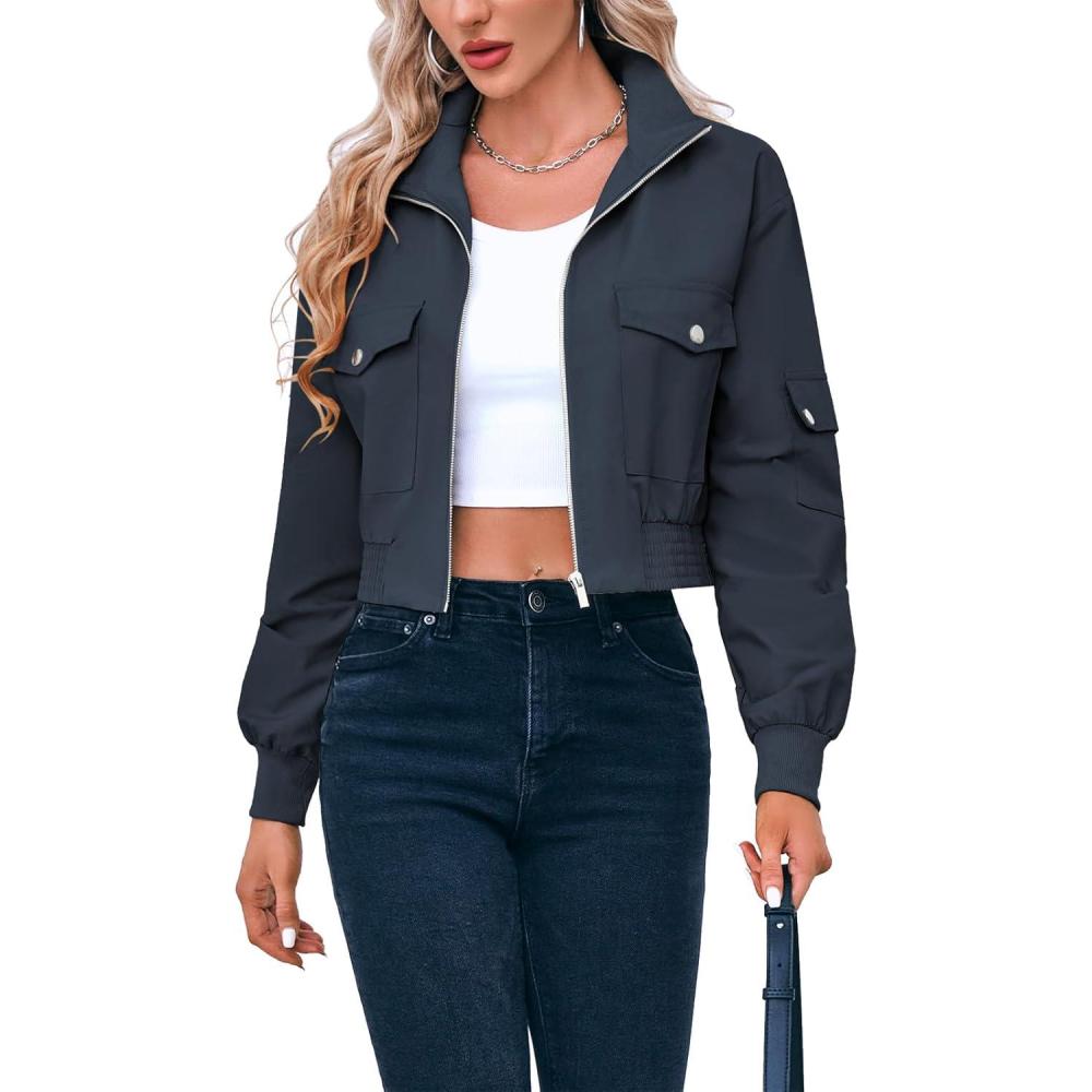 image:imageFisoew Womens Cropped Bomber Jackets Lightweight Zip Up Stand Collar Long Sleeve Short Jacket with PocketsNavy