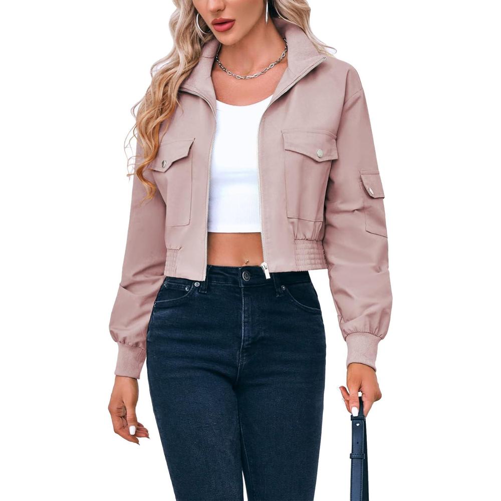 image:imageFisoew Womens Cropped Bomber Jackets Lightweight Zip Up Stand Collar Long Sleeve Short Jacket with PocketsPink