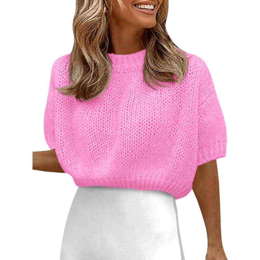 image:imageFisoew Womens Cropped Knit Shirts Casual Puff Short Sleeve Crewneck Solid Loose Lightweight Crop SweatersPink