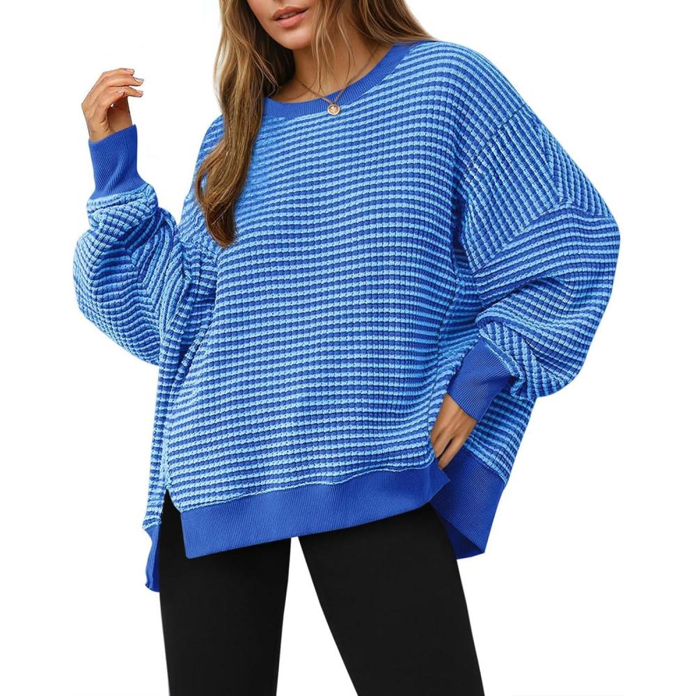 image:imageFisoew Womens Fall Oversized Sweatshirt Casual Waffle Knit Long Sleeve Crewneck Split Pullover Tunic TopsBlue