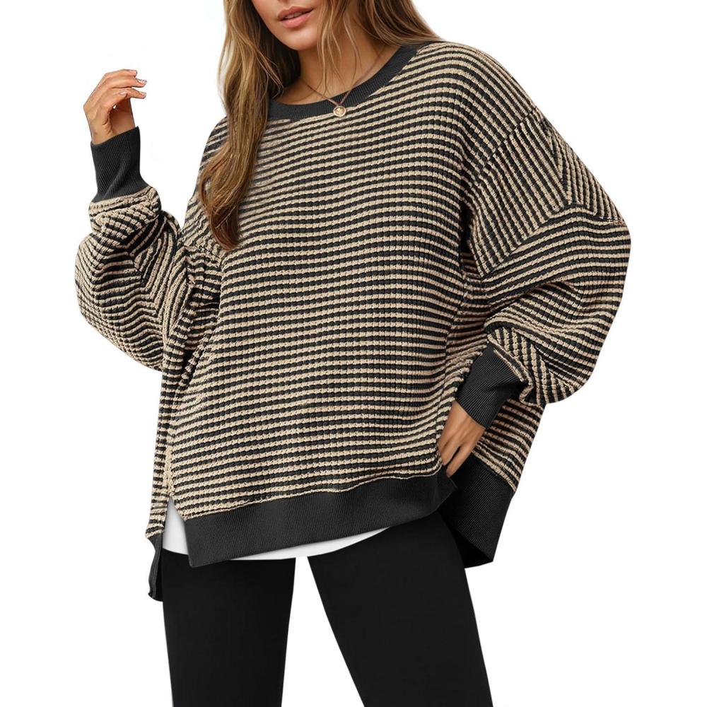 image:imageFisoew Womens Fall Oversized Sweatshirt Casual Waffle Knit Long Sleeve Crewneck Split Pullover Tunic TopsCamel