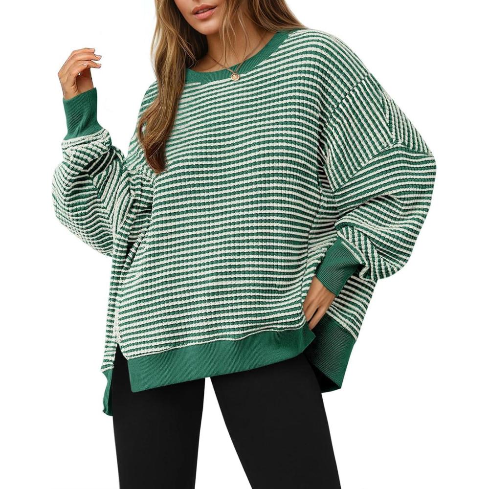 image:imageFisoew Womens Fall Oversized Sweatshirt Casual Waffle Knit Long Sleeve Crewneck Split Pullover Tunic TopsGreen