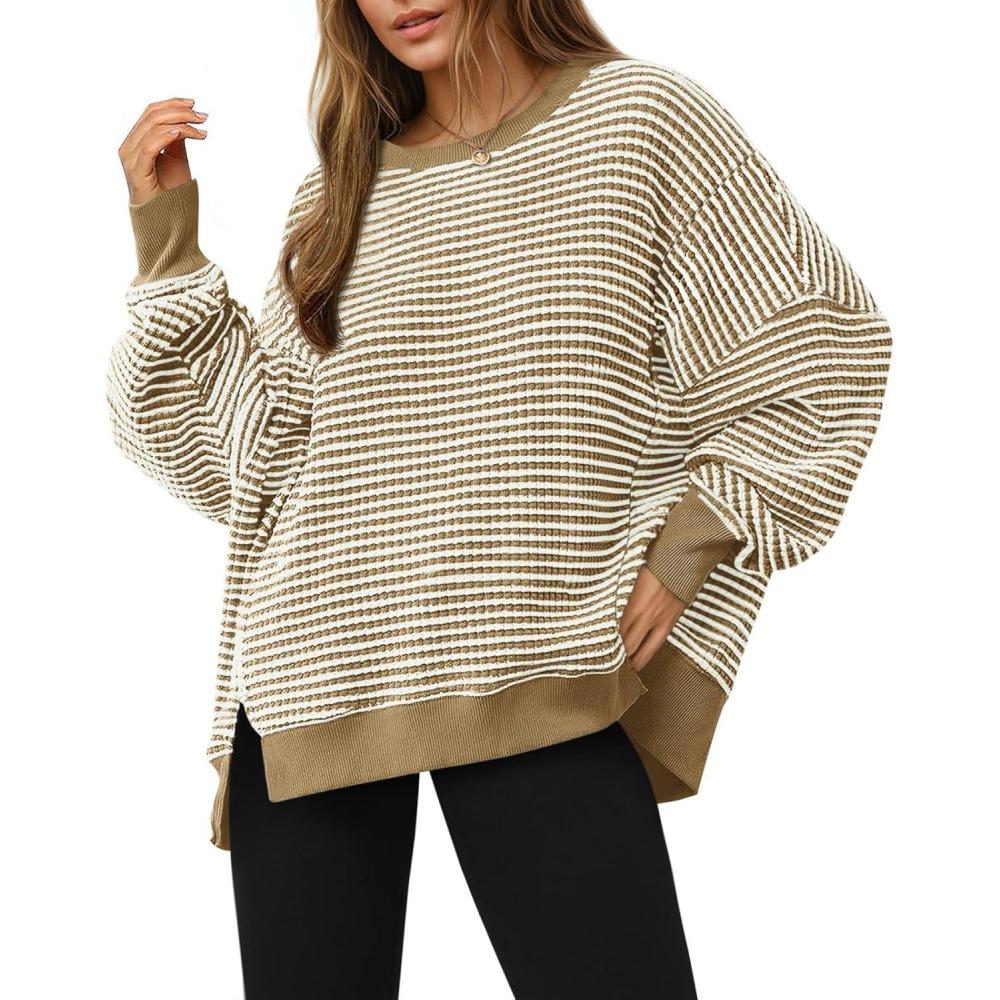 image:imageFisoew Womens Fall Oversized Sweatshirt Casual Waffle Knit Long Sleeve Crewneck Split Pullover Tunic TopsKhaki