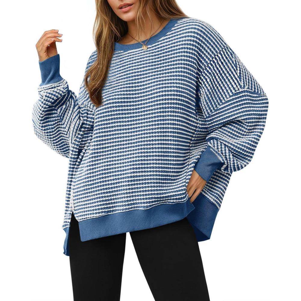 image:imageFisoew Womens Fall Oversized Sweatshirt Casual Waffle Knit Long Sleeve Crewneck Split Pullover Tunic TopsNavy